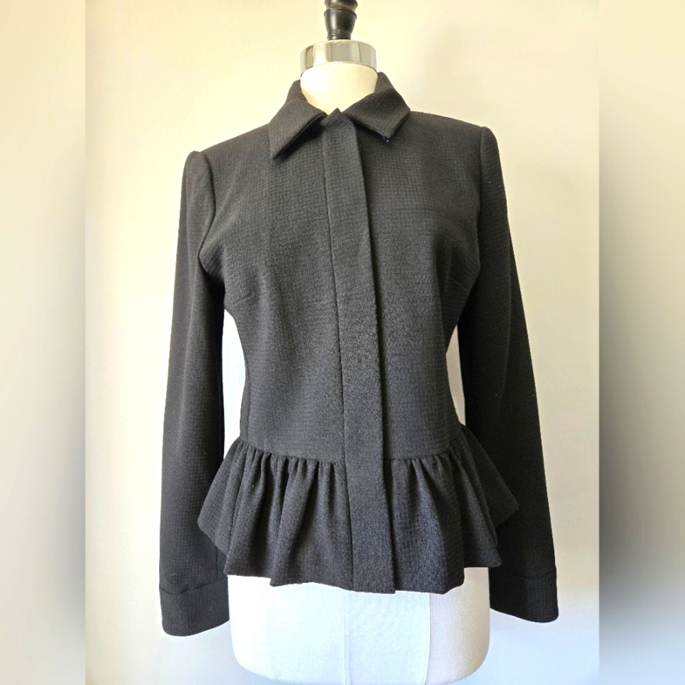 PINK TARTAN  Black Wool Peplum Jacket With Ruffle Hem And Snaps. Size 10